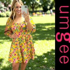 umgee Yellow Multifloral Puff Sleeve Square Neck Open Tie Back Mini Dress Sz L